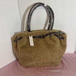Anthropologie Tote Bag Sherpa Belted Tan Brown With Crossbody Strap Fuzzy NEW!